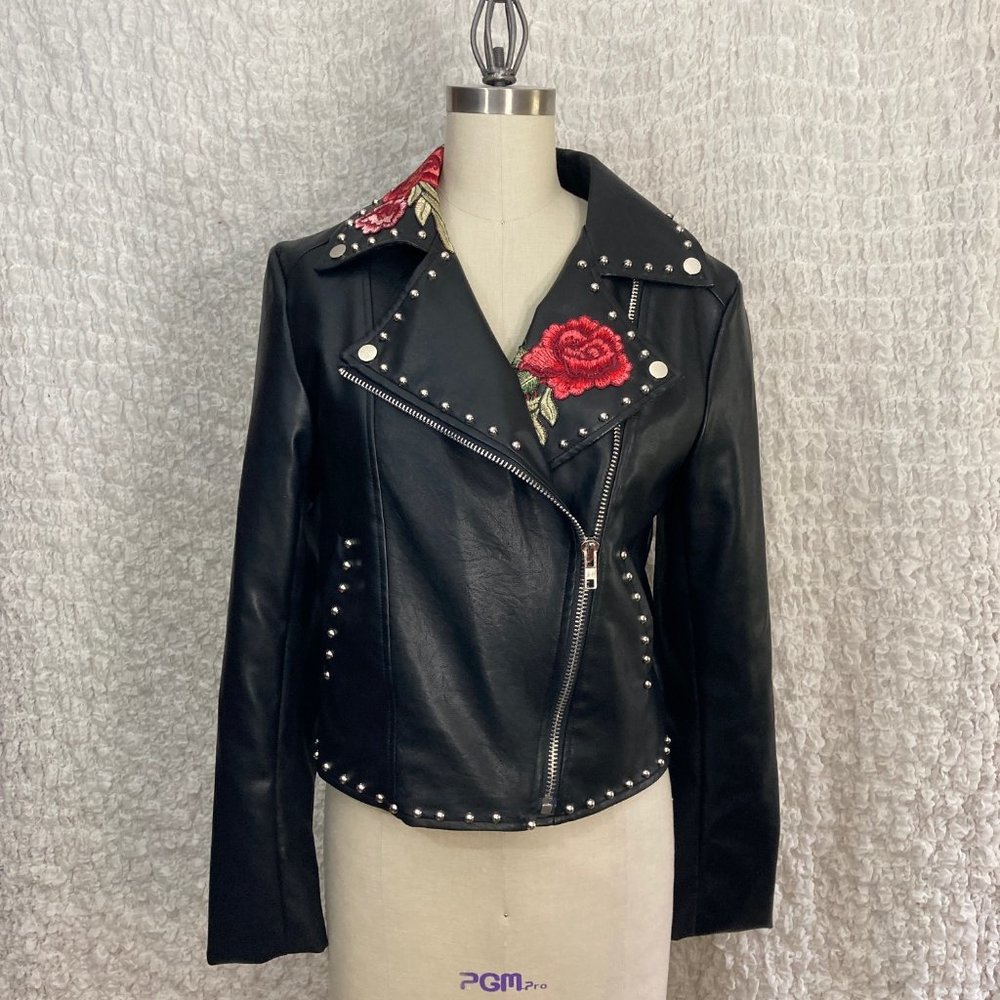 Justify Rose Embroidered Studded Moto Jacket